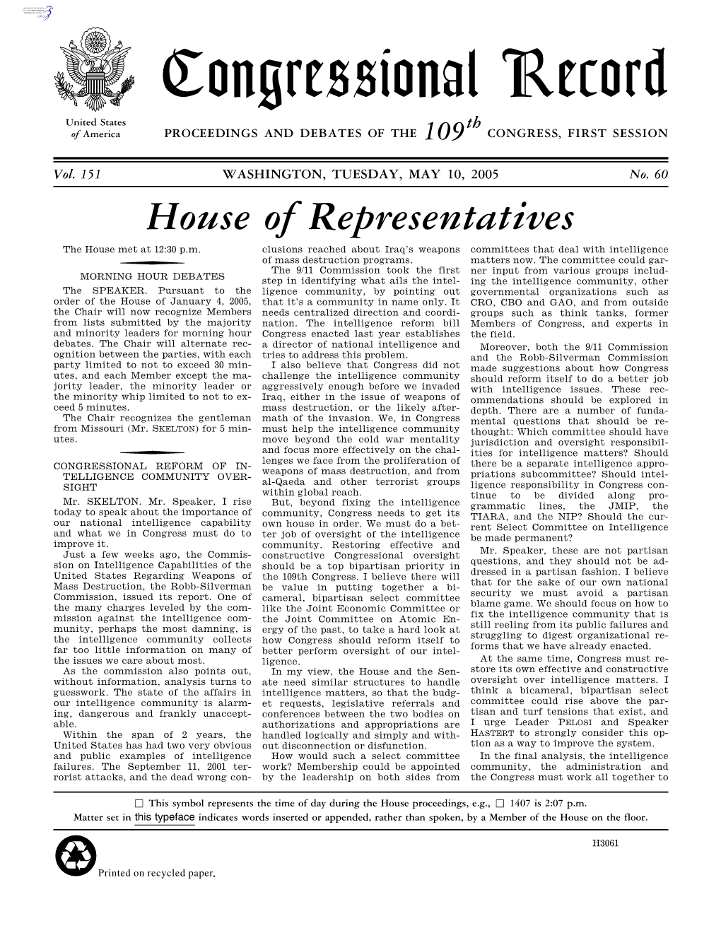 Congressional Record United States Th of America PROCEEDINGS and DEBATES of the 109 CONGRESS, FIRST SESSION