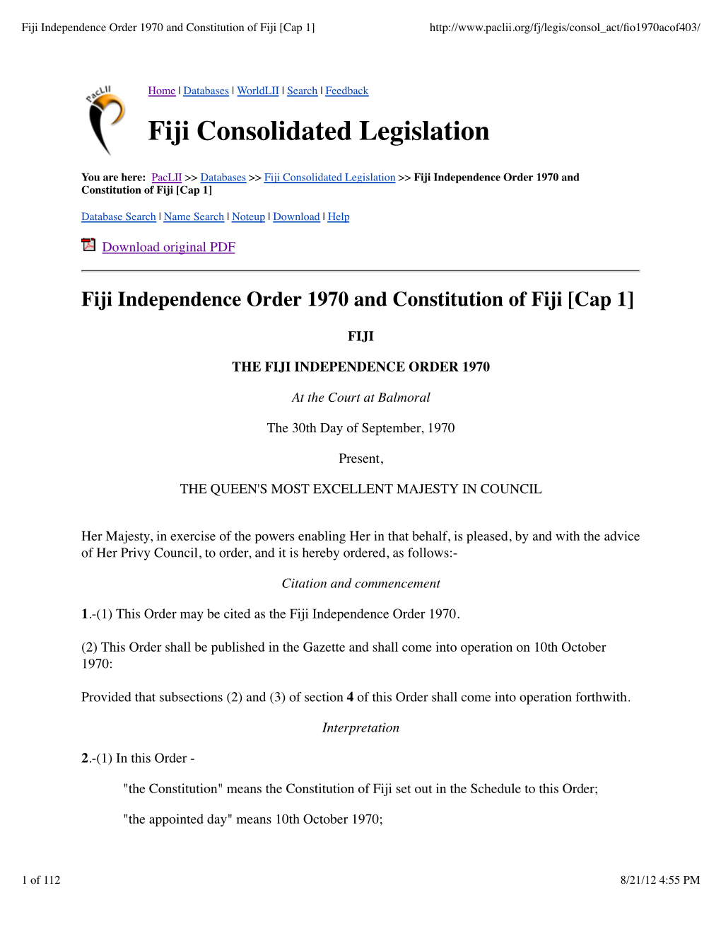 Fiji Independence Order 1970 and Constitution of Fiji [Cap 1]