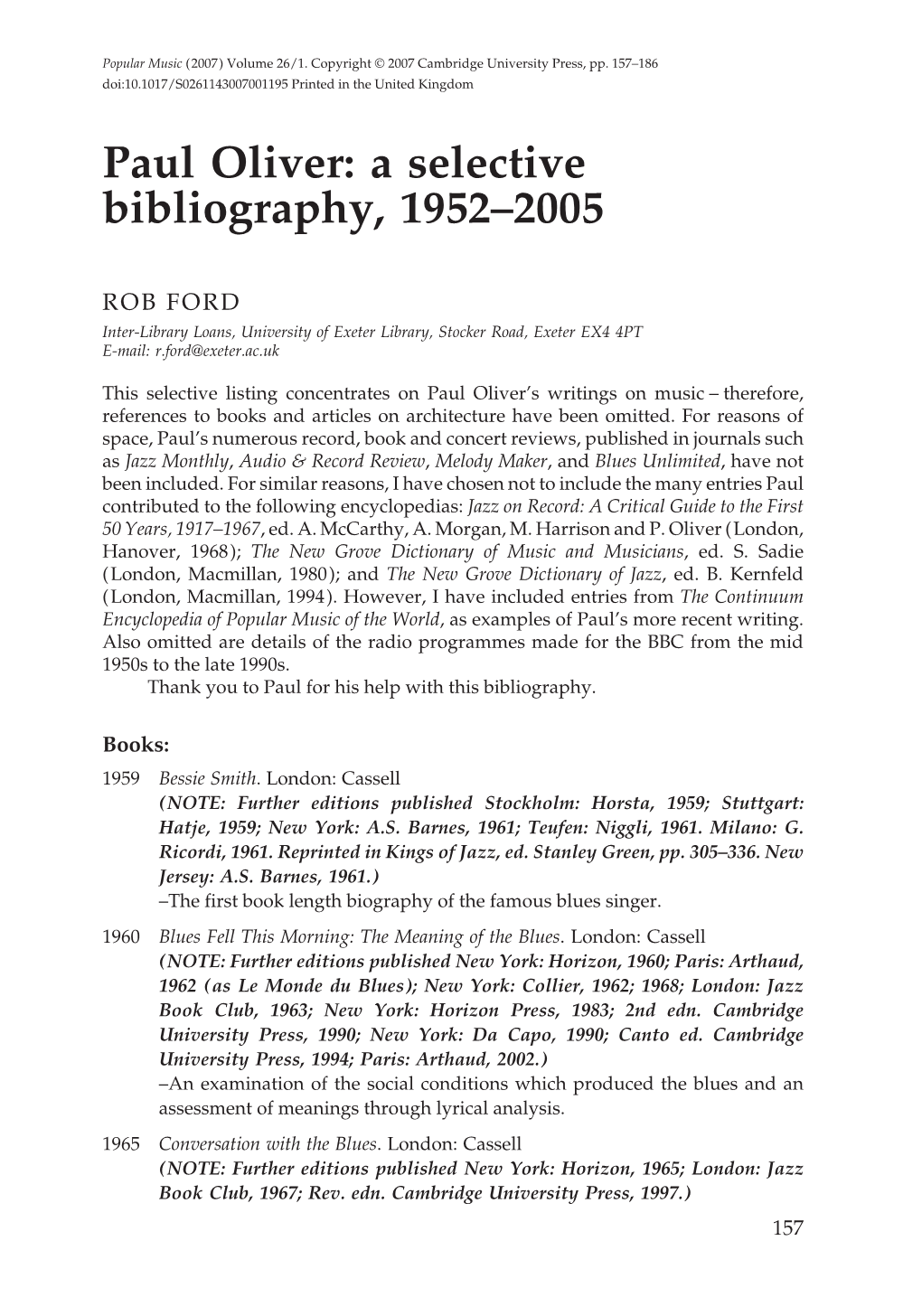 Paul Oliver: a Selective Bibliography, 1952–2005