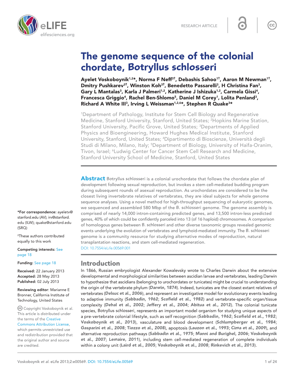 The Genome Sequence of the Colonial Chordate, Botryllus Schlosseri