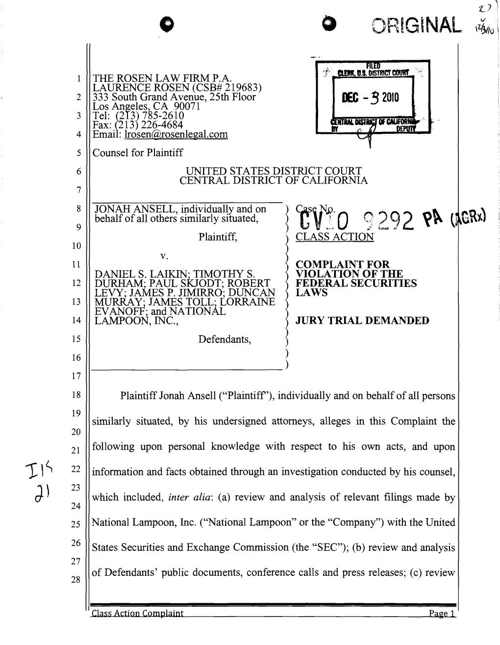 Jonah Ansell, Et Al. V. Daniel S. Laikin, Et Al. 10-CV-09292-Class