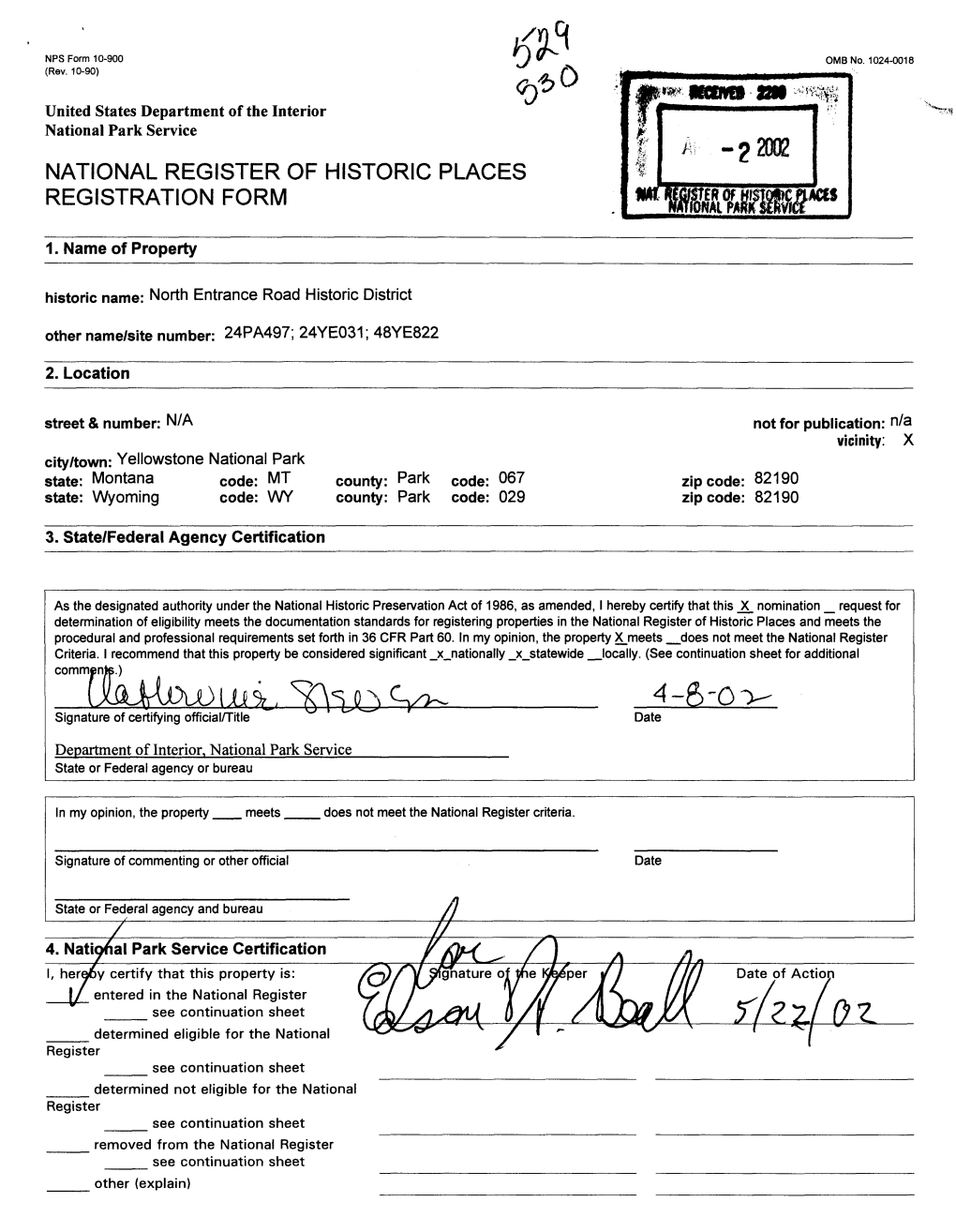 K Service K- -22002 NATIONAL REGISTER of HISTORIC PLACES REGISTRATION FORM MWW