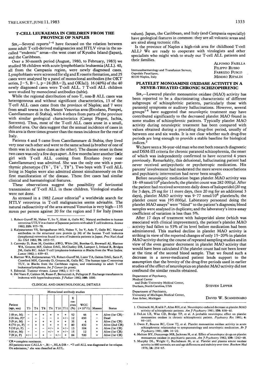 Lymphoblasts Were Screened for Sig and E Rosette Formation, and 25 Of