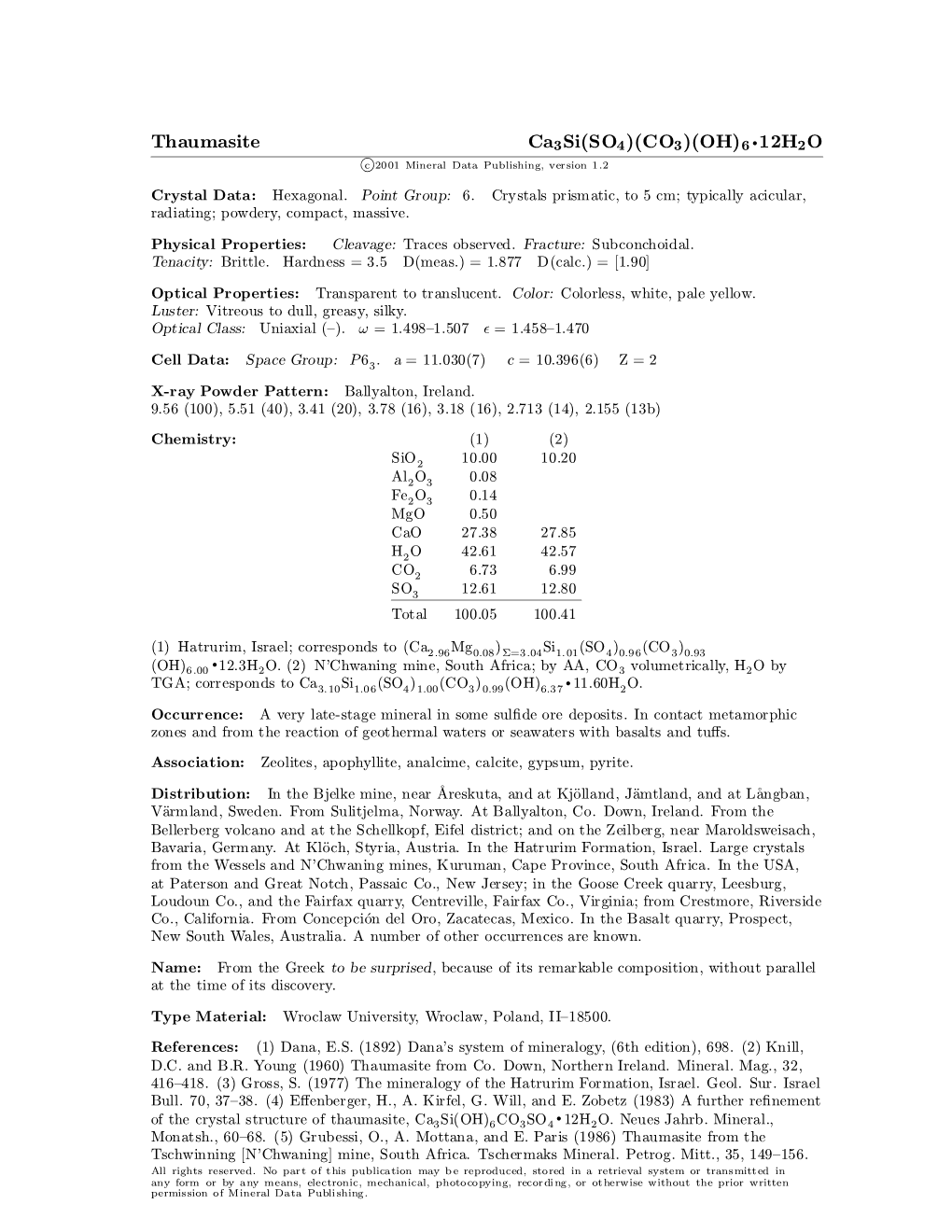 Thaumasite Ca3si(SO4)(CO3)(OH)6 ² 12H2O C 2001 Mineral Data Publishing, Version 1.2 ° Crystal Data: Hexagonal