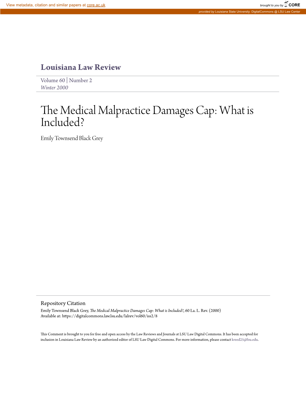 The Medical Malpractice Damages Cap: What Is Included?, 60 La