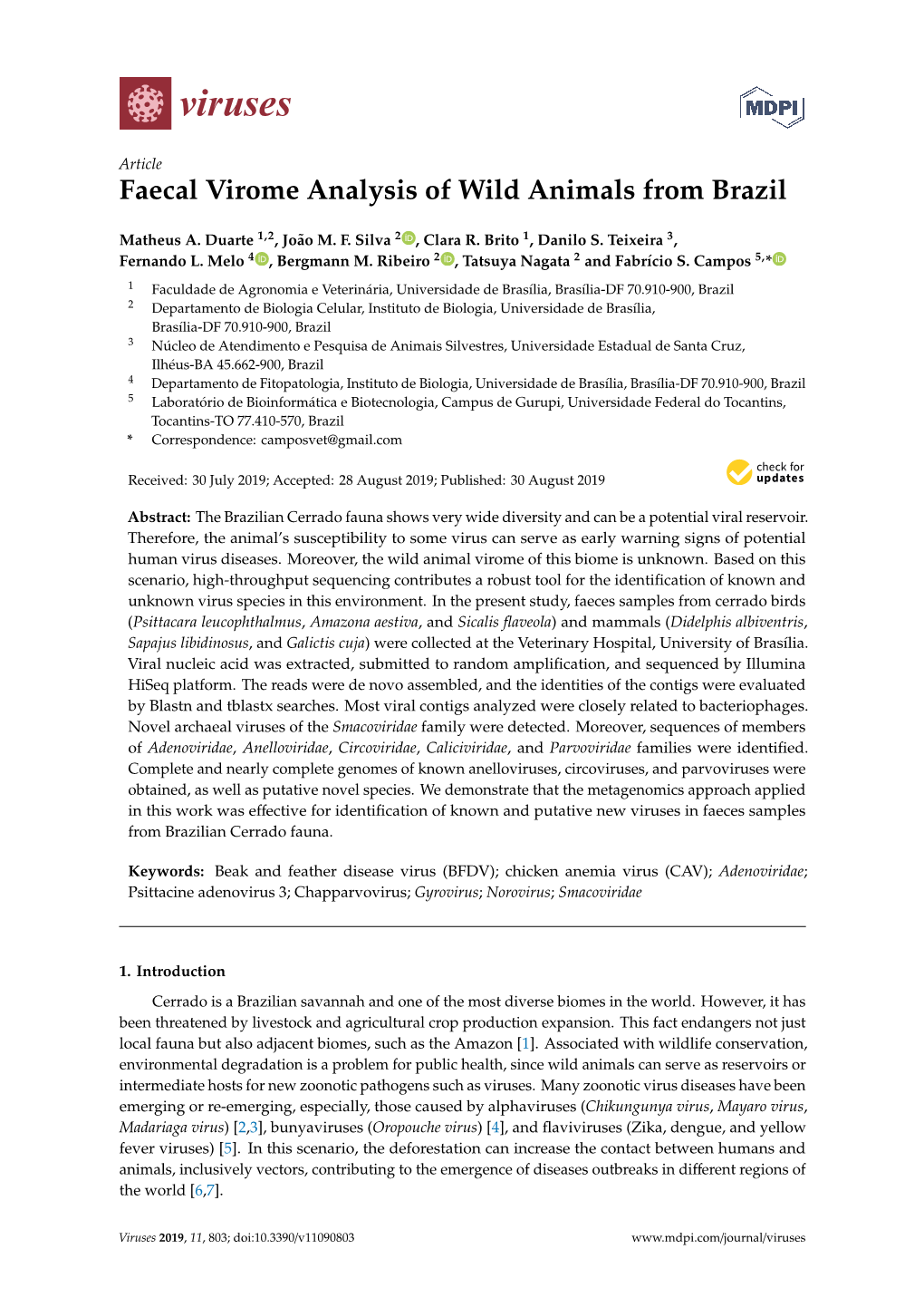 Faecal Virome Analysis of Wild Animals from Brazil