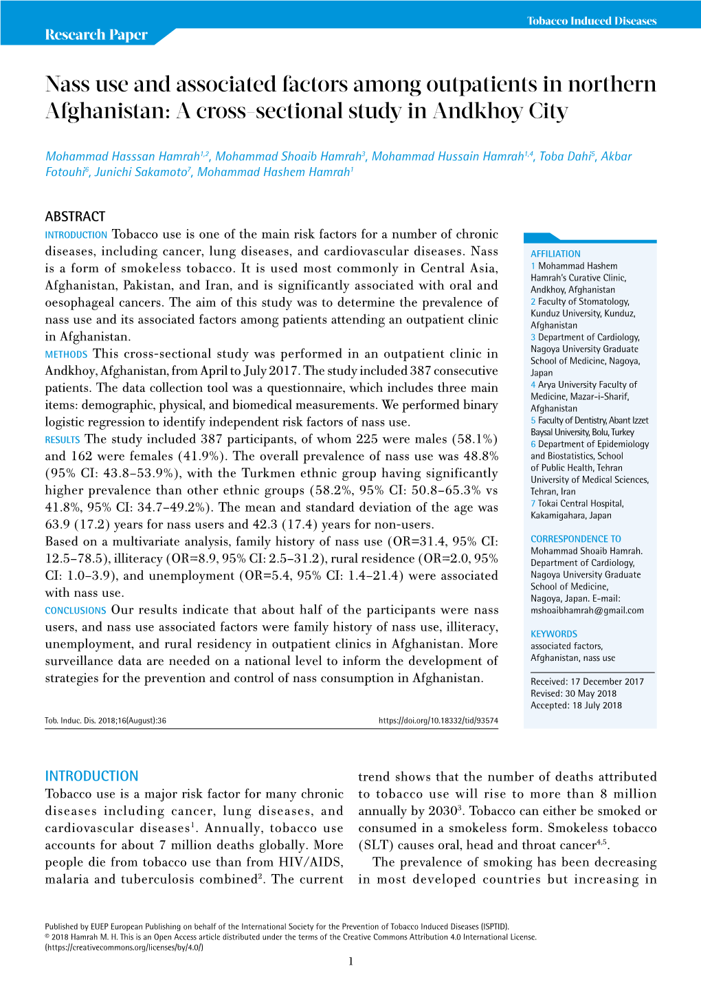 Nass Use and Associated Factors Among Outpatients in Northern Afghanistan: a Cross-Sectional Study in Andkhoy City