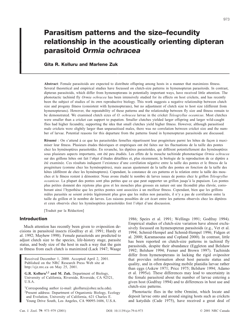 Parasitism Patterns and the Size-Fecundity Relationship in The