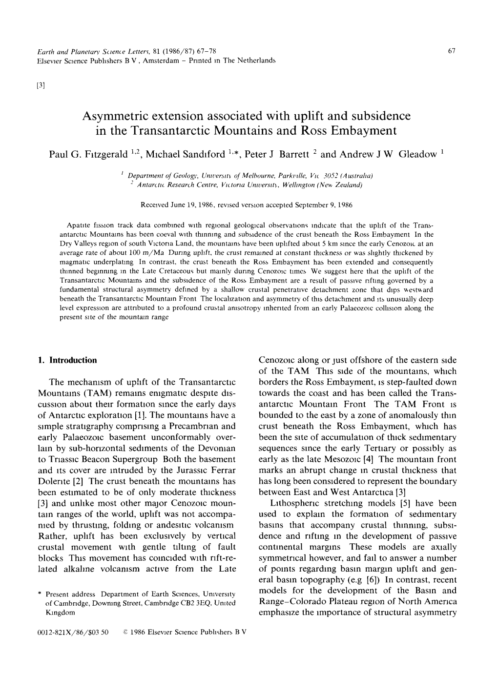 Asymmetric Extension Associated with Uplift and Subsidence in the Transantarctic Mountains and Ross Embayment