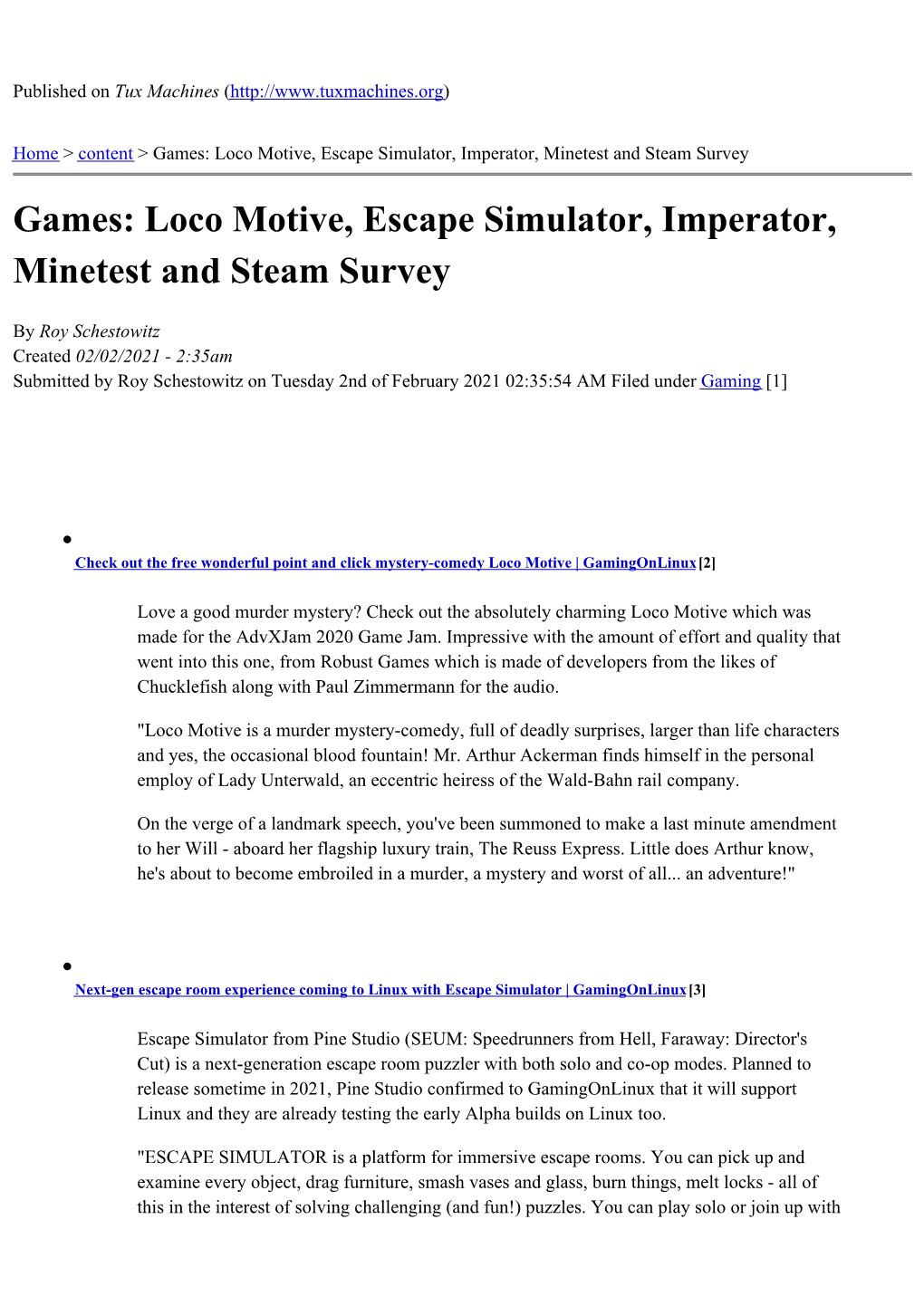 Loco Motive, Escape Simulator, Imperator, Minetest and Steam Survey