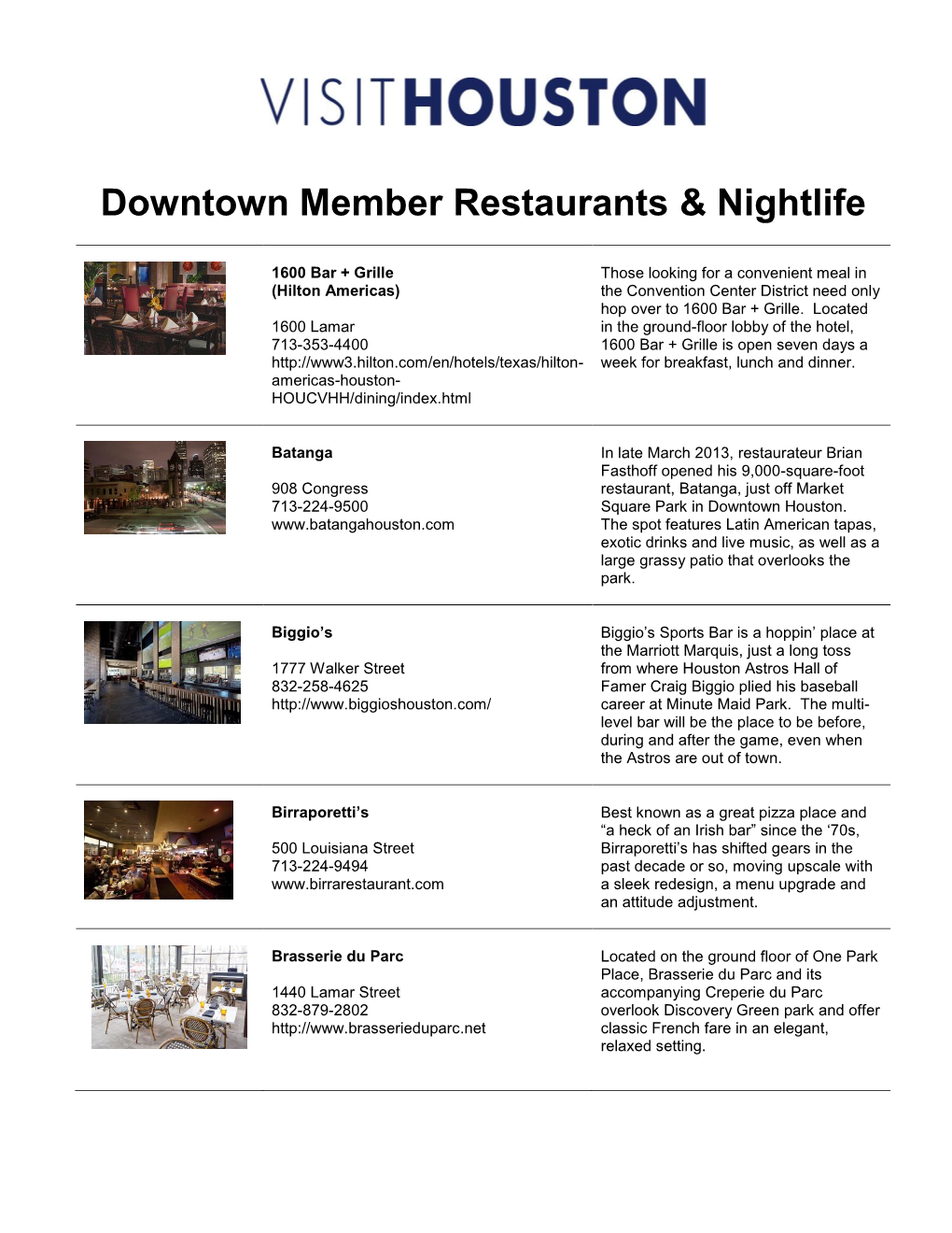 Houston's Downtown Member Restaurants