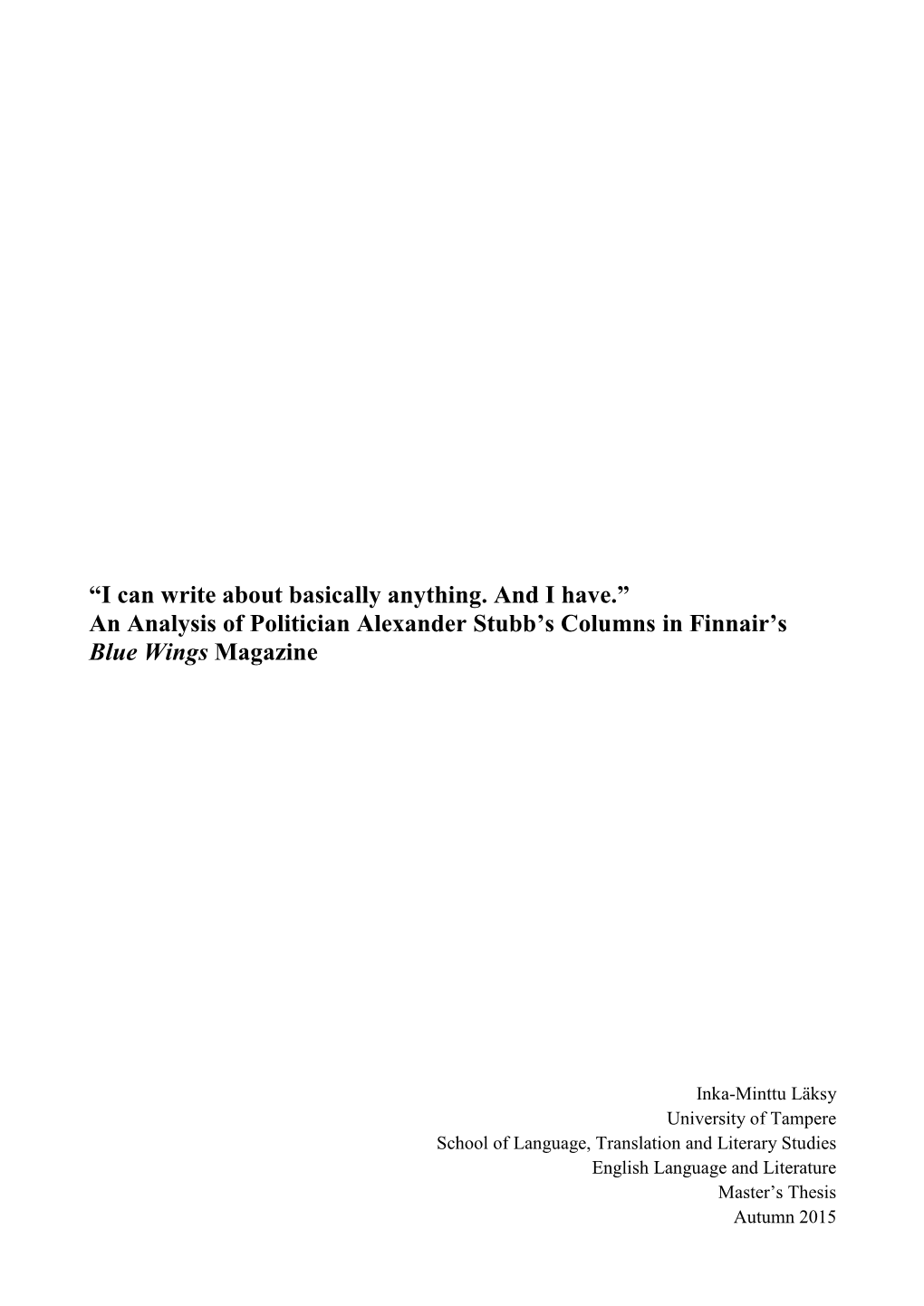 An Analysis of Politician Alexander Stubb's Columns in Finnair's