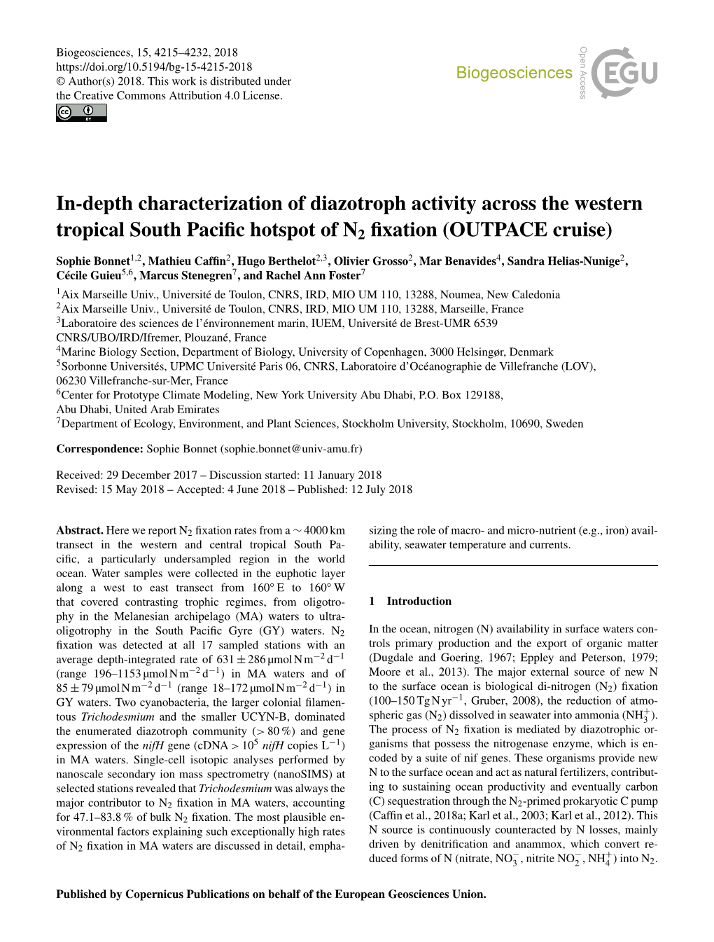 In-Depth Characterization of Diazotroph Activity Across the Western Tropical South Paciﬁc Hotspot of N2 ﬁxation (OUTPACE Cruise)