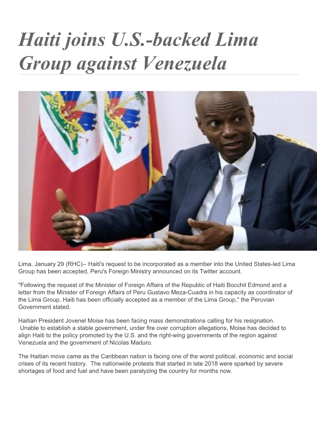 Haiti Joins U.S.-Backed Lima Group Against Venezuela