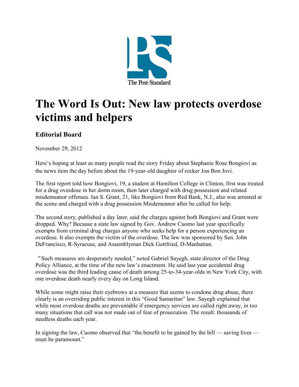 The Wor D Is Out: New Law Protects Overdose Victims and Helpers