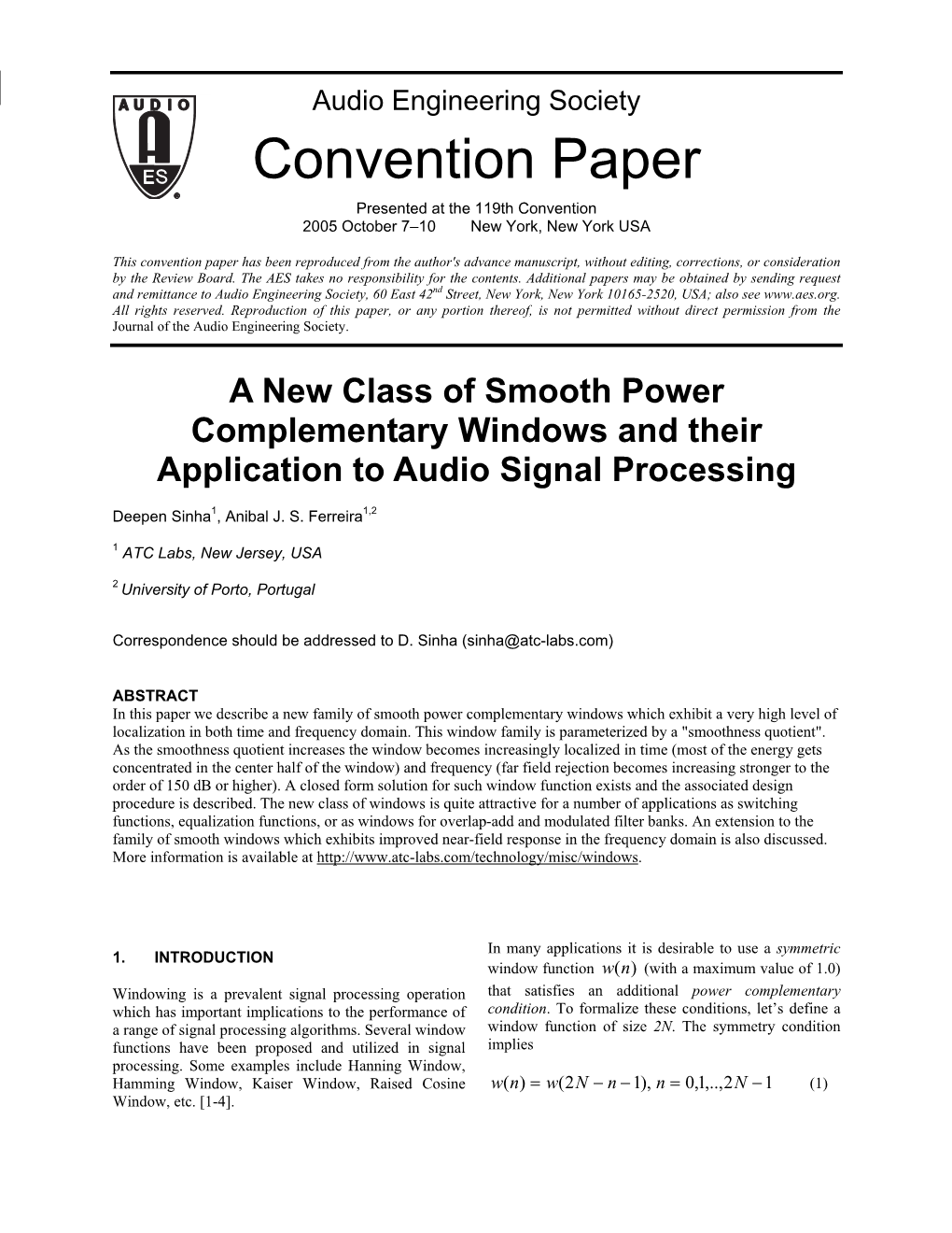 A New Class of Smooth Power Complementary Windows and Their Application to Audio Signal Processing