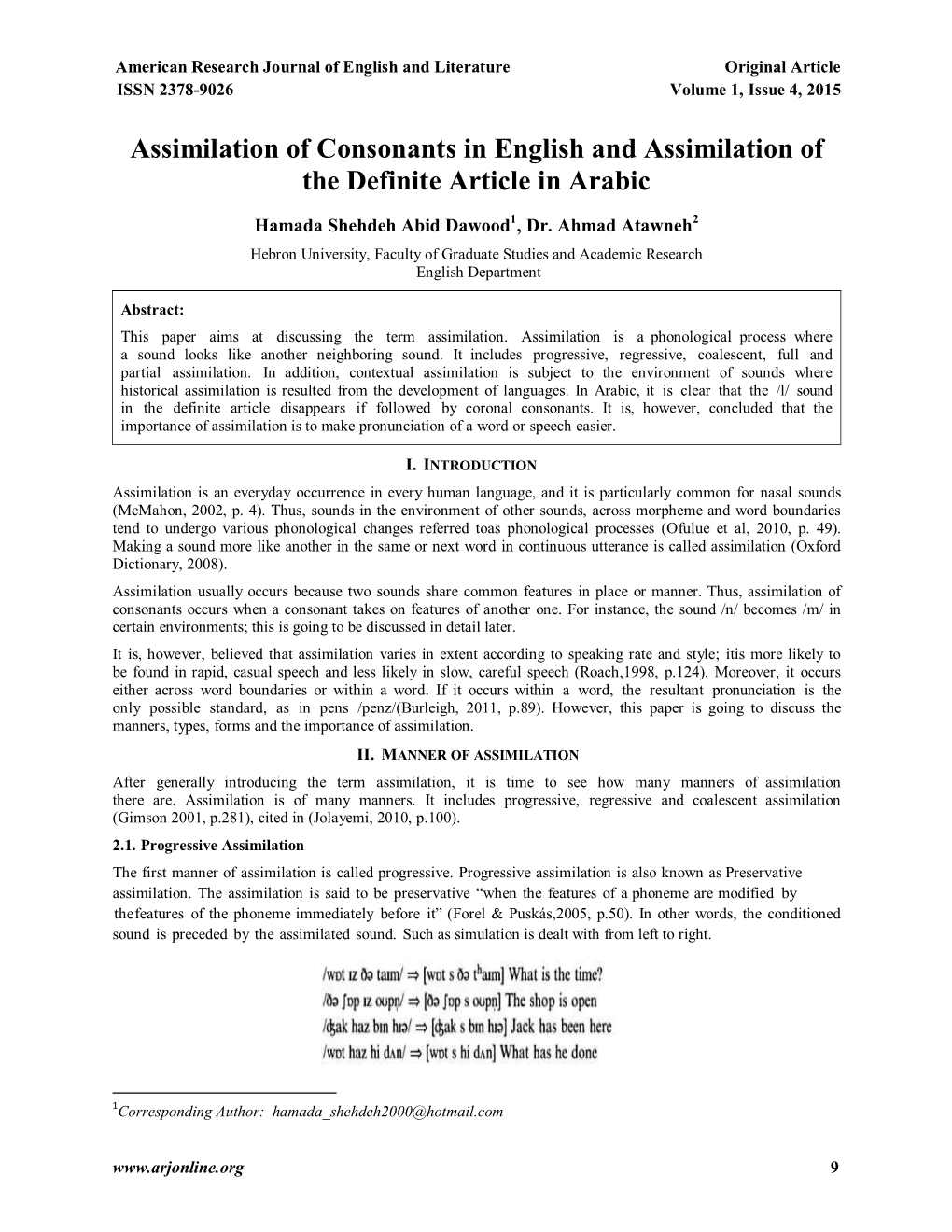 Assimilation of Consonants in English and Assimilation of the Definite Article in Arabic