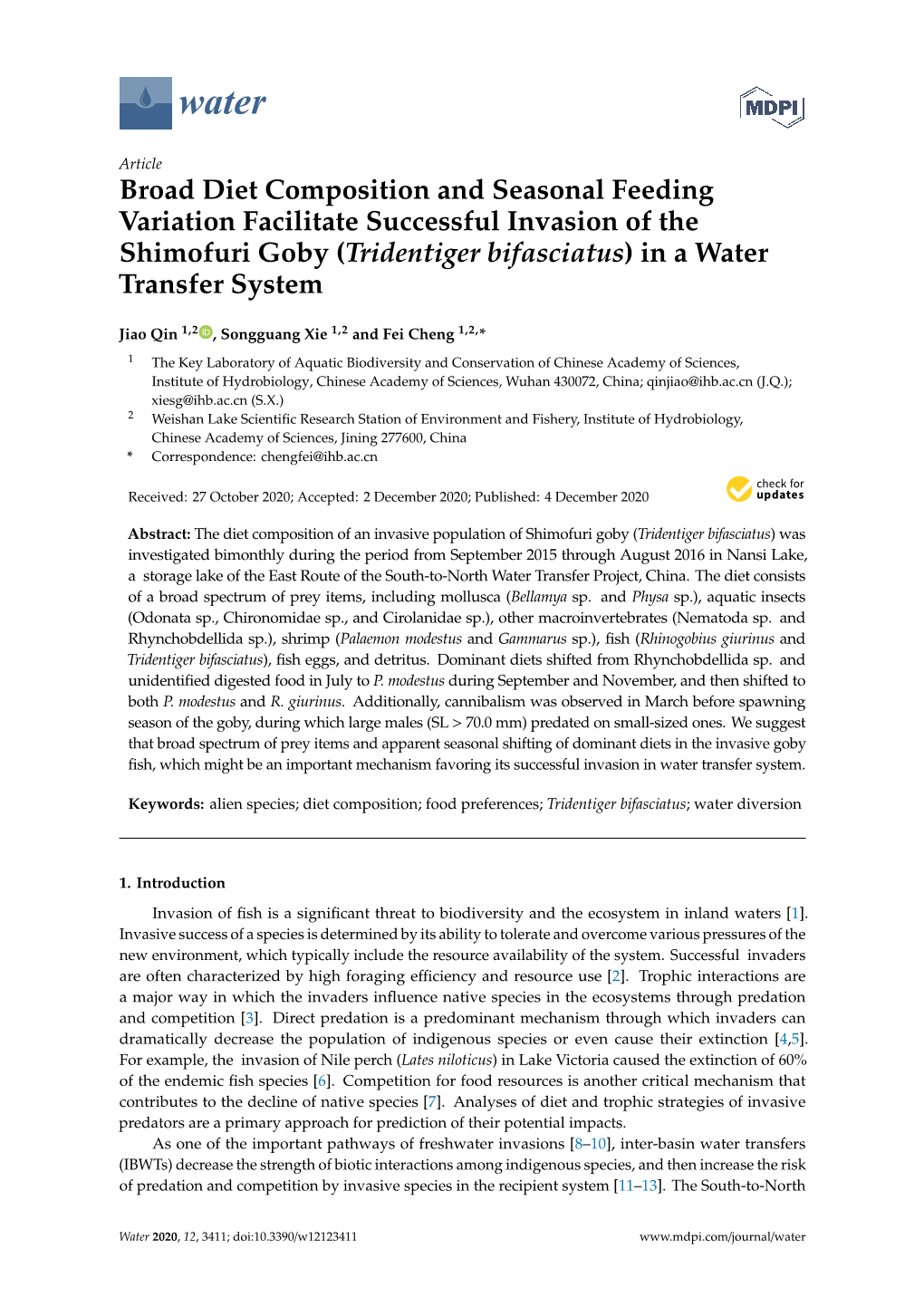 Tridentiger Bifasciatus) in a Water Transfer System