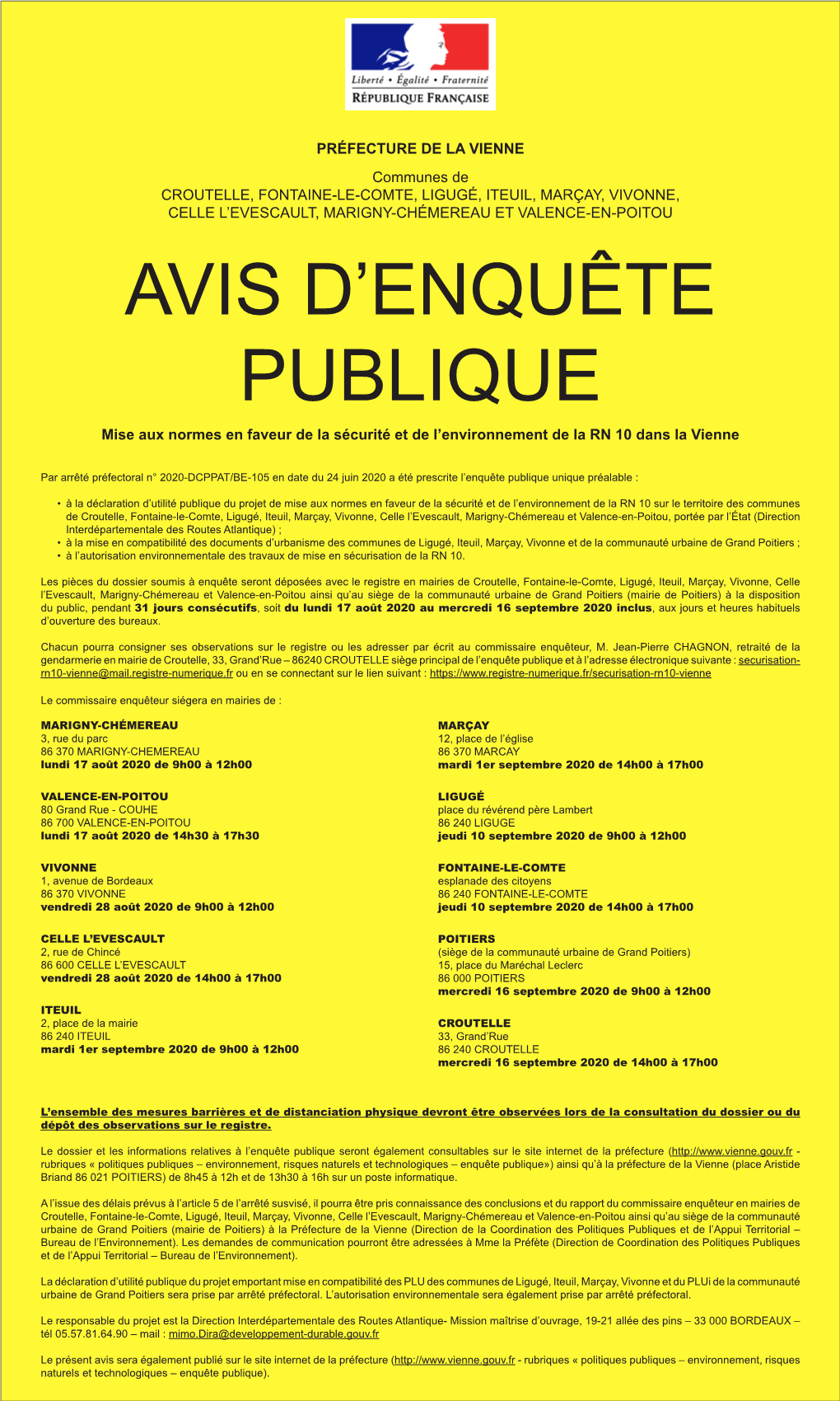 PRÉFECTURE DE LA VIENNE Communes De CROUTELLE, FONTAINE-LE-COMTE, LIGUGÉ, ITEUIL, MARÇAY, VIVONNE, CELLE L'evescault, MARIG