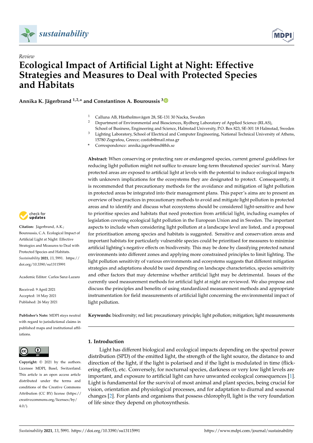 Ecological Impact of Artificial Light at Night