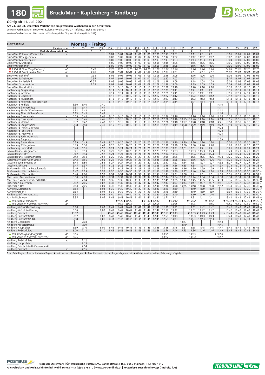 180 Bruck/Mur - Kapfenberg - Kindberg Gültig Ab 11