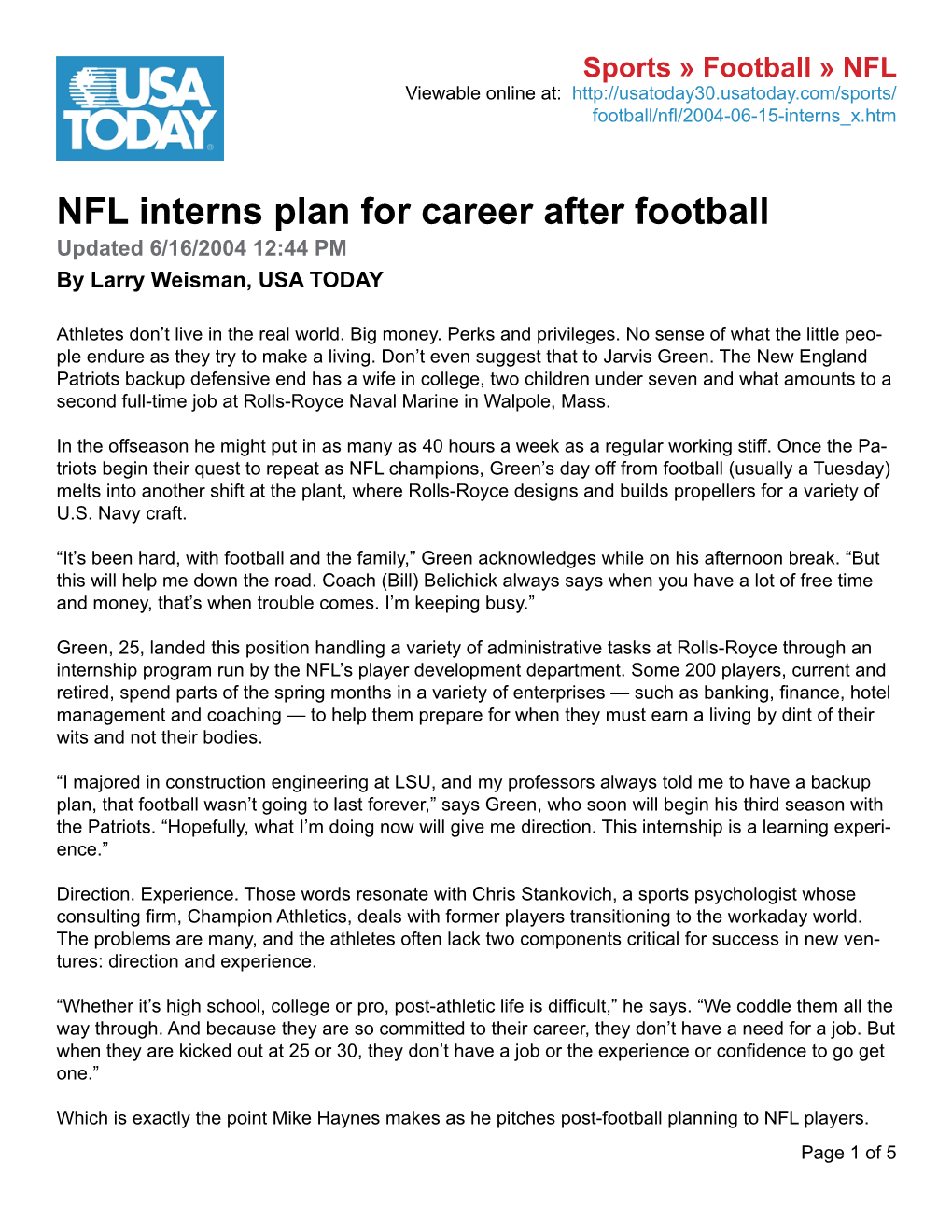 NFL Interns Plan for Career After Football USA Today