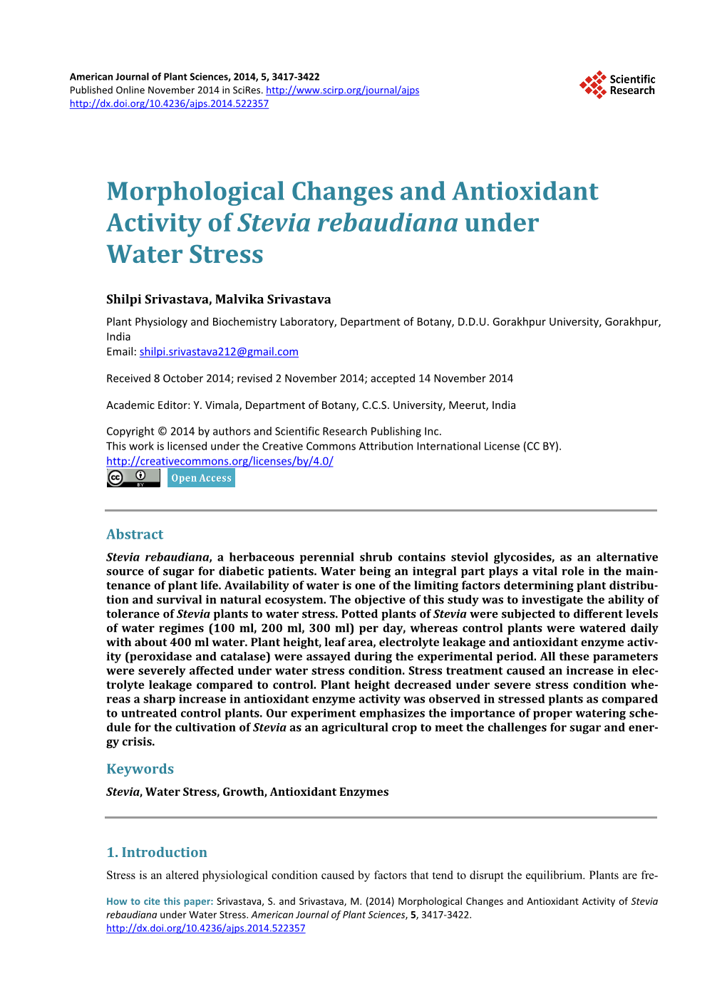 Morphological Changes and Antioxidant Activity of Stevia Rebaudiana Under Water Stress