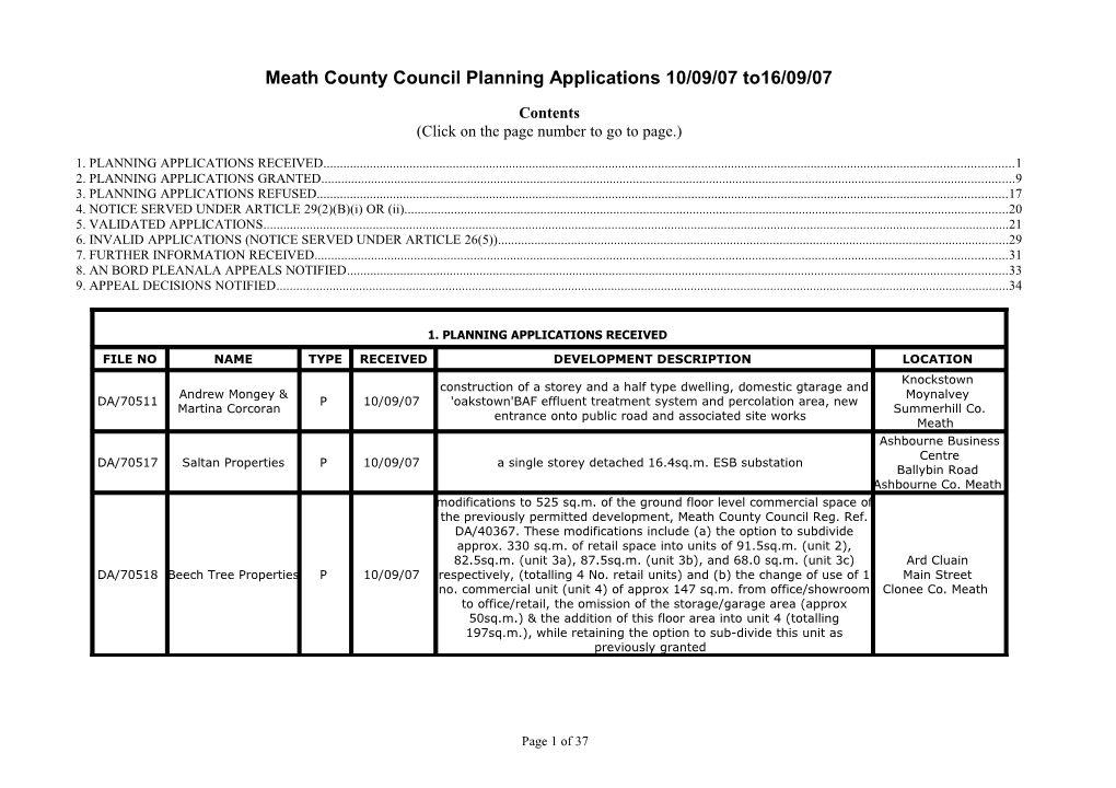 Meath County Council Planning Applications 10/09/07 To16/09/07