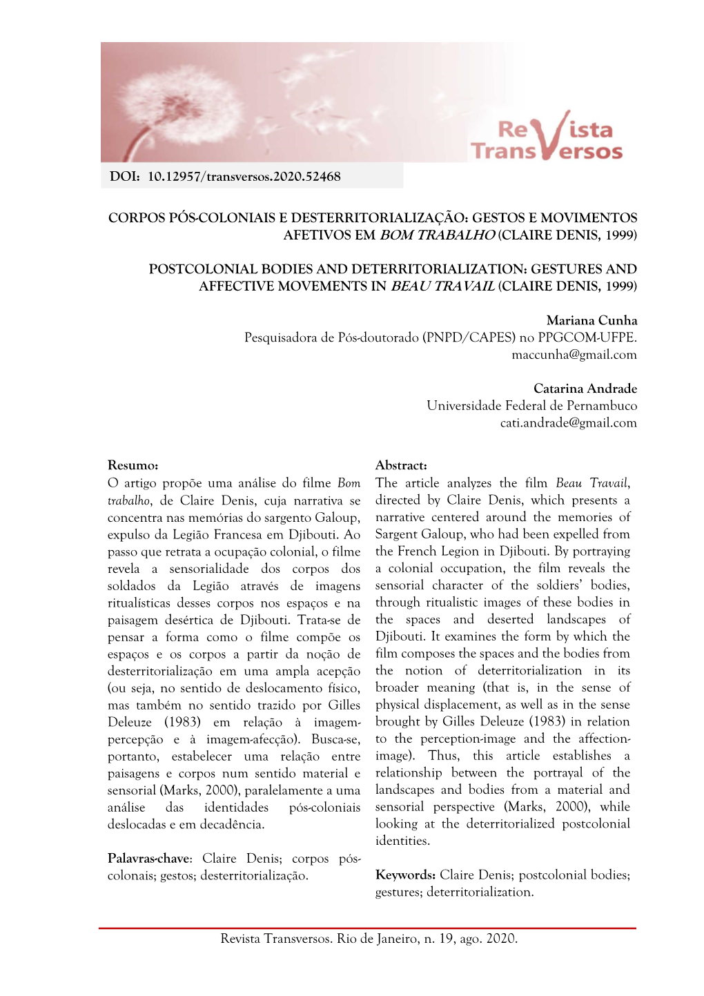 Revista Transversos. Rio De Janeiro, N. 19, Ago. 2020. DOI: 10.12957