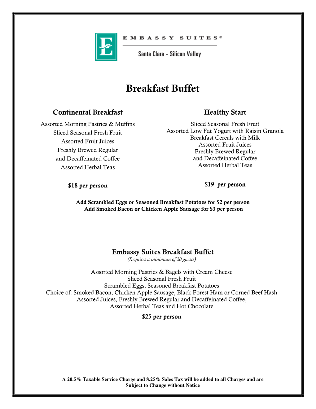 Embassy Suites Santa Clara Hotel Catering Menu