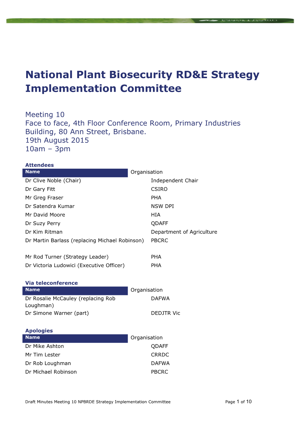 PB RDE Implementation - Meeting 10 Minutes