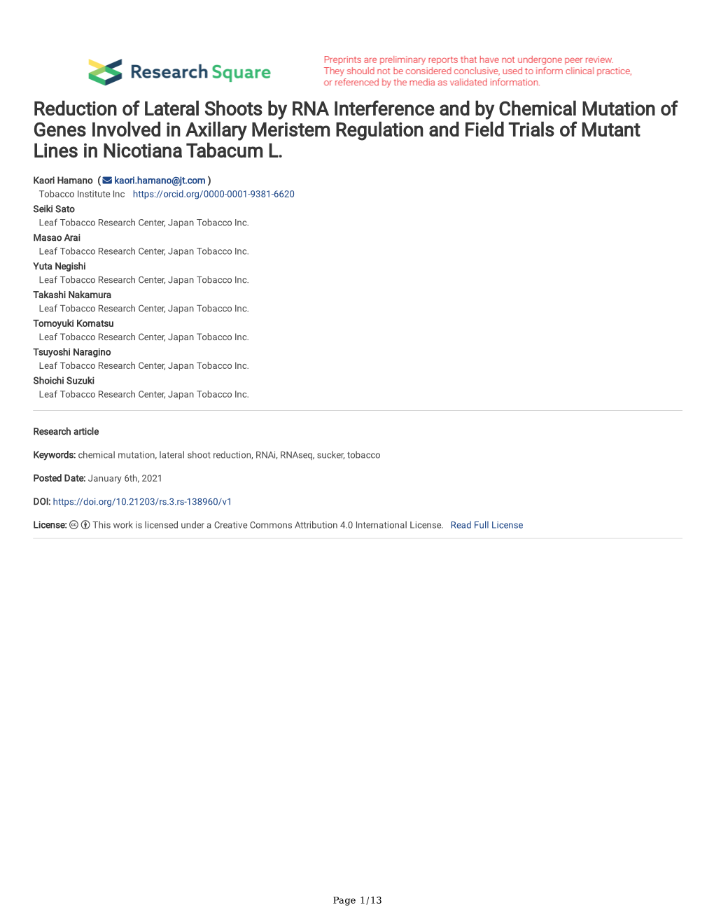 Reduction of Lateral Shoots by RNA Interference and by Chemical