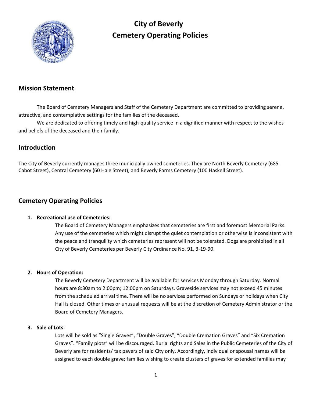 City of Beverly Cemetery Operating Policies