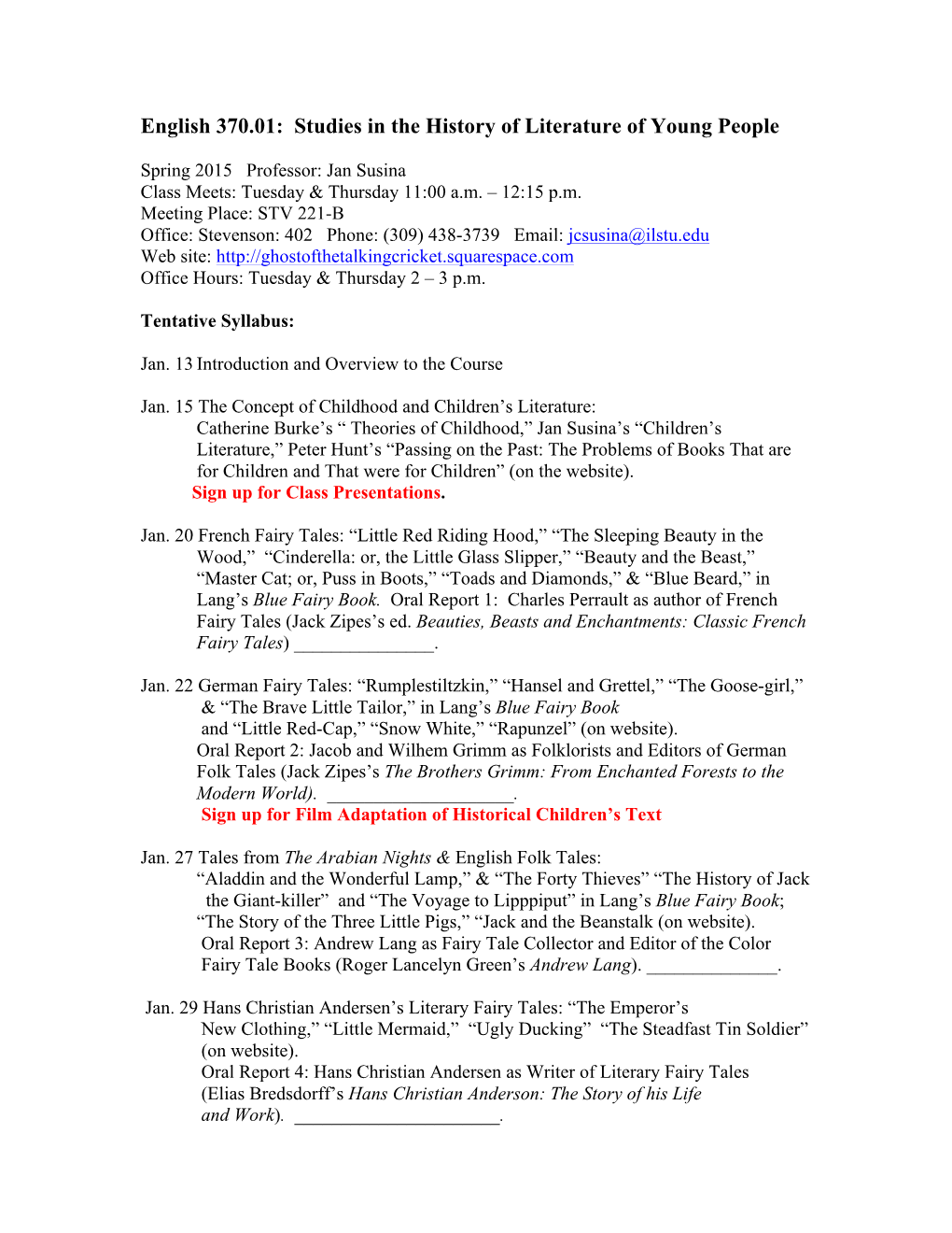 Syllabus for Spring 2015