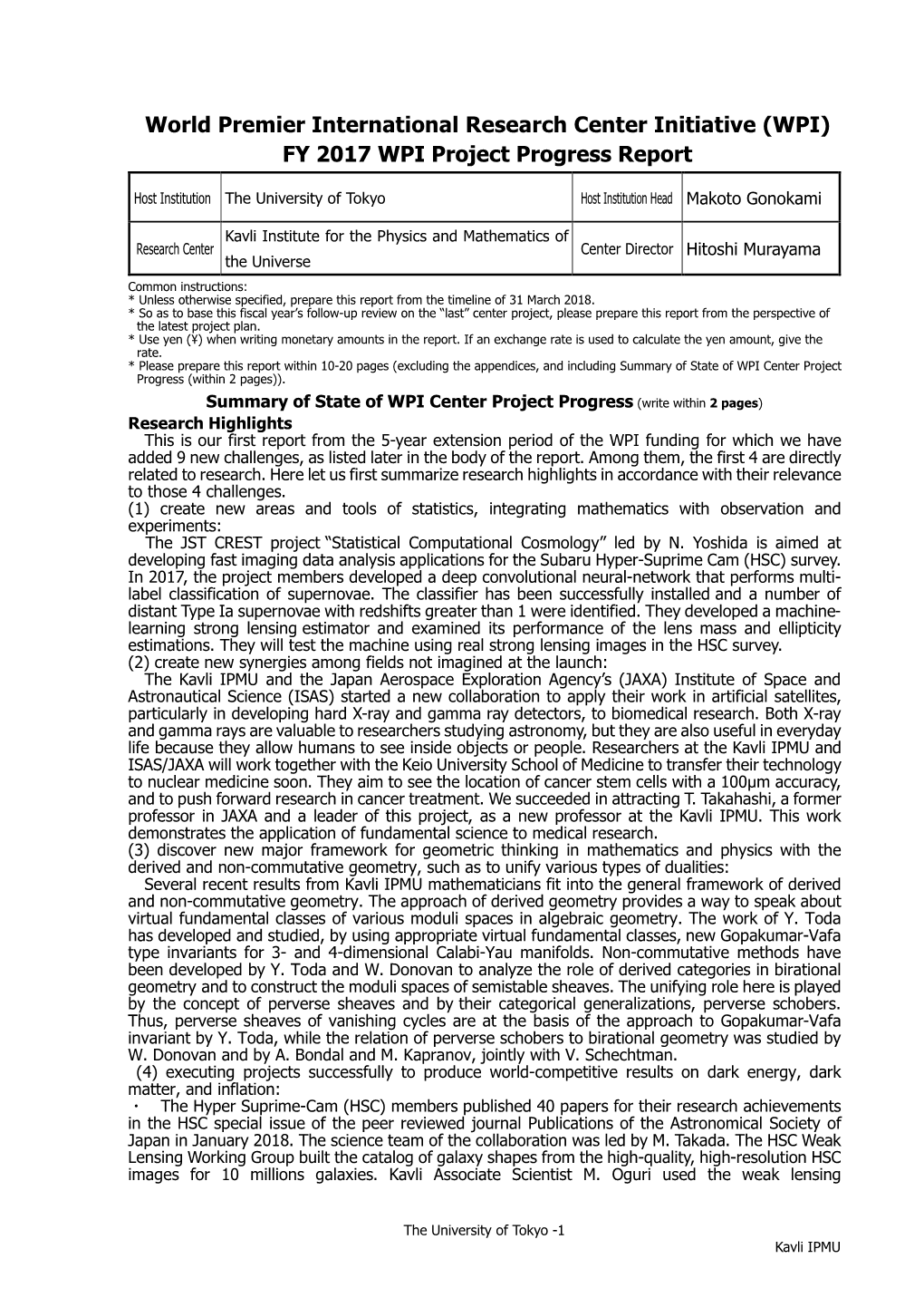 World Premier International Research Center Initiative (WPI) FY 2017 WPI Project Progress Report