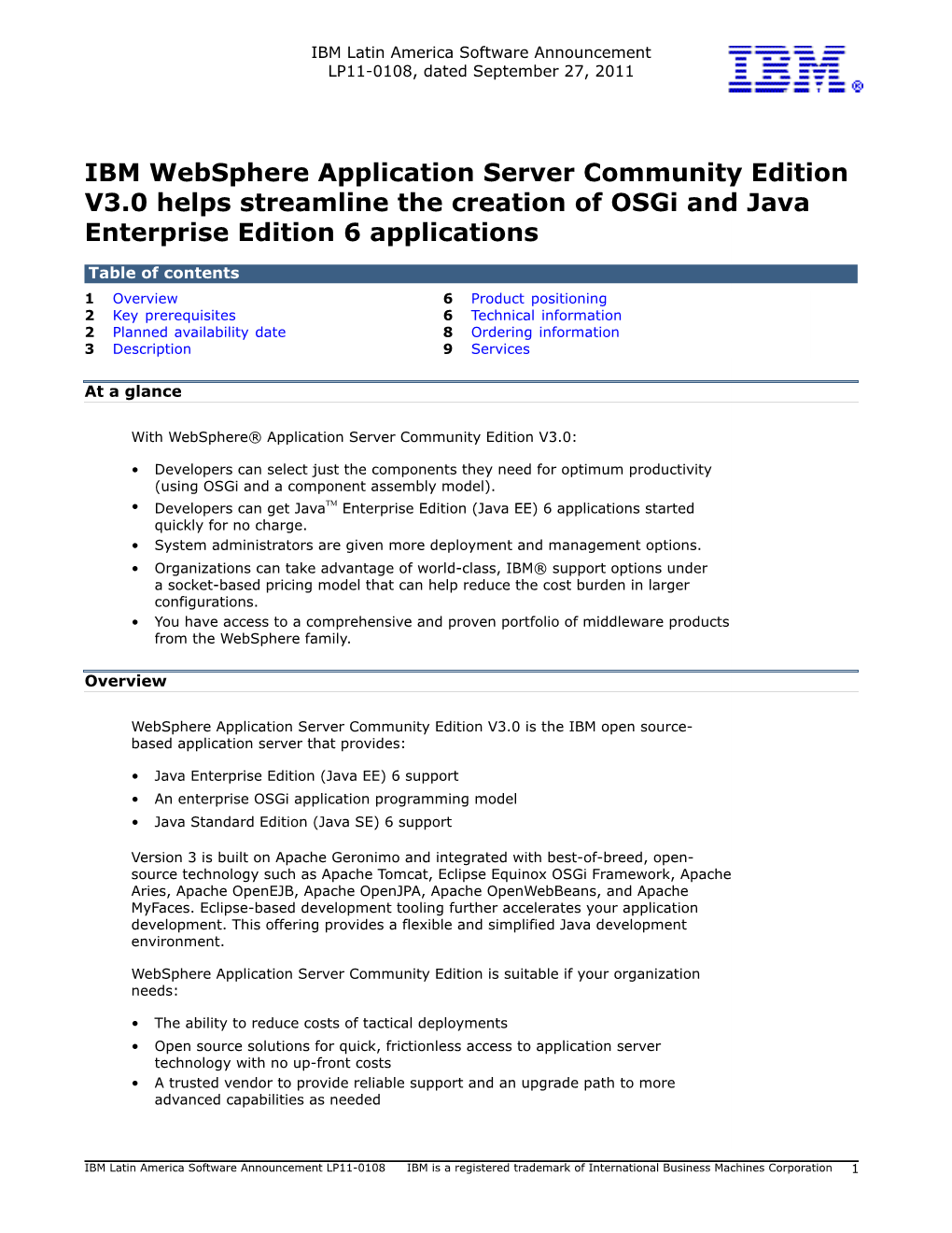 IBM Websphere Application Server Community Edition V3.0 Helps Streamline the Creation of Osgi and Java Enterprise Edition 6 Applications