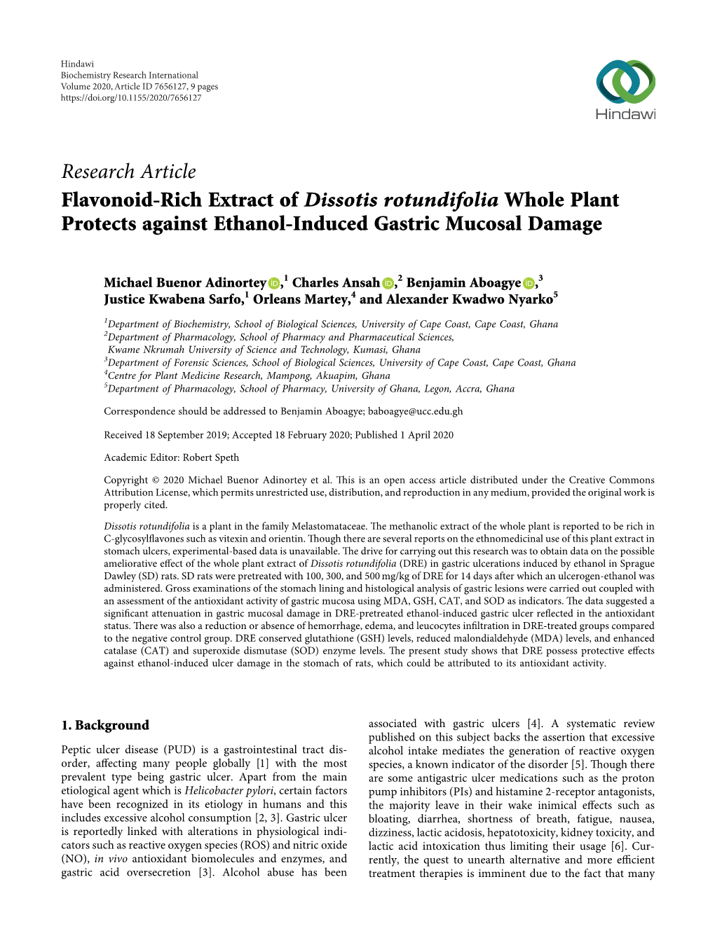Flavonoid-Rich Extract of Dissotis Rotundifolia Whole Plant Protects Against Ethanol-Induced Gastric Mucosal Damage
