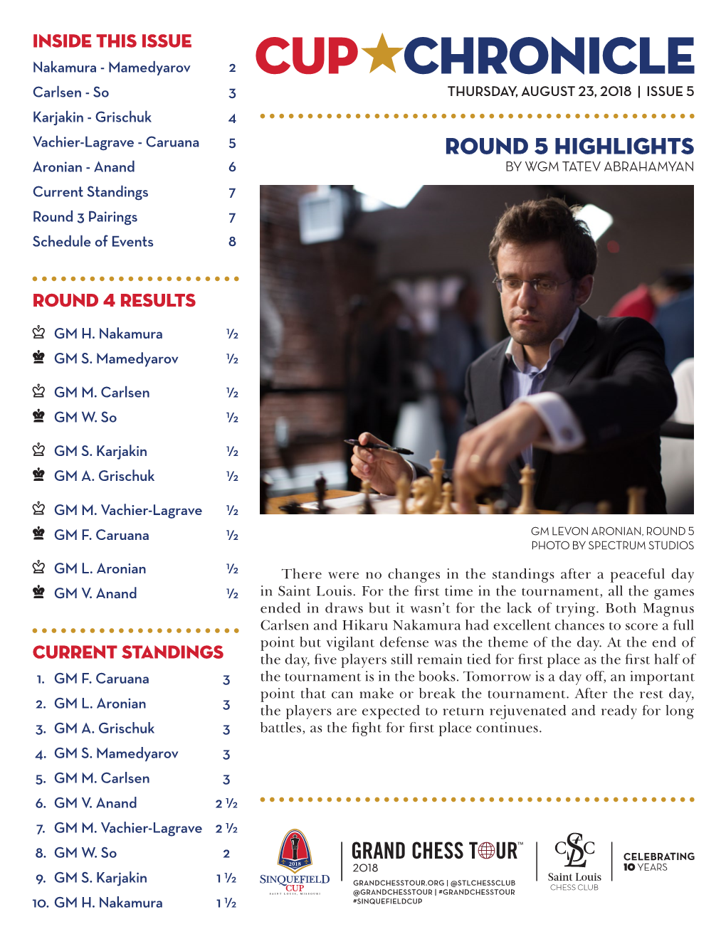 ROUND 5 HIGHLIGHTS Aronian - Anand 6 by WGM TATEV ABRAHAMYAN Current Standings 7 Round 3 Pairings 7 Schedule of Events 8