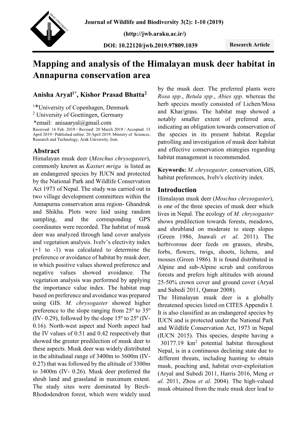 Mapping and Analysis of the Himalayan Musk Deer Habitat in Annapurna Conservation Area