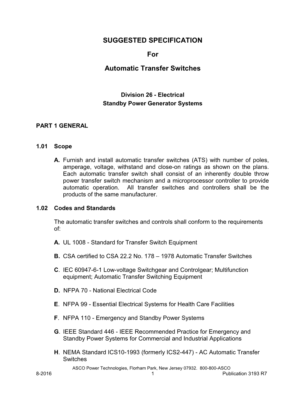 ASCO 7000 Series SUGGESTED SPECIFICATION for Automatic Transfer Switches (Pub 3193)