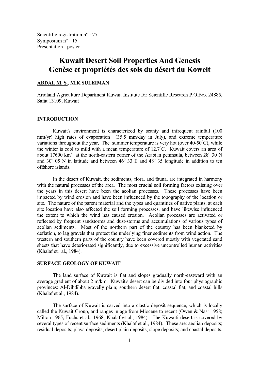 Kuwait Desert Soil Properties and Genesis Genèse Et Propriétés Des Sols Du Désert Du Koweit