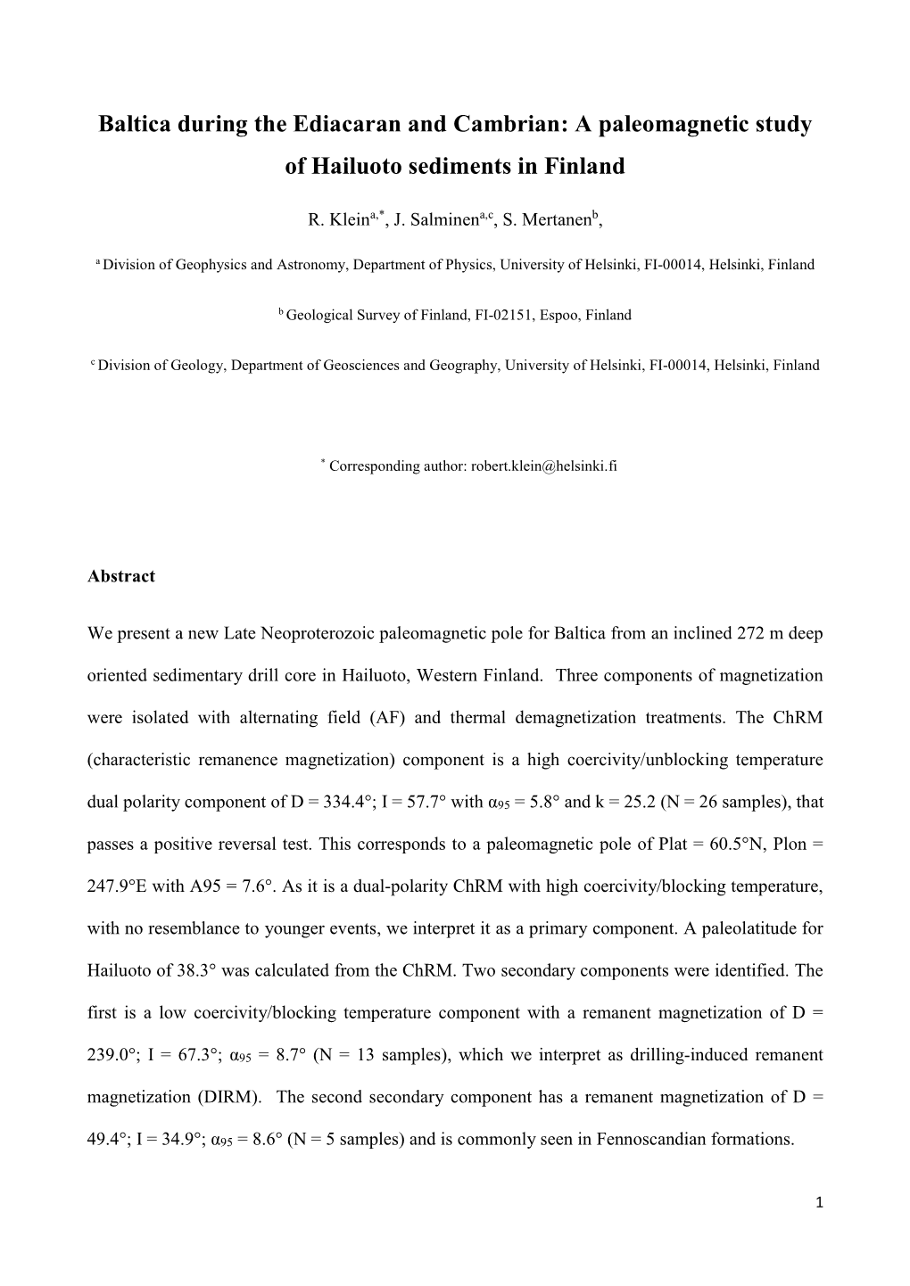 Baltica During the Ediacaran and Cambrian: a Paleomagnetic Study