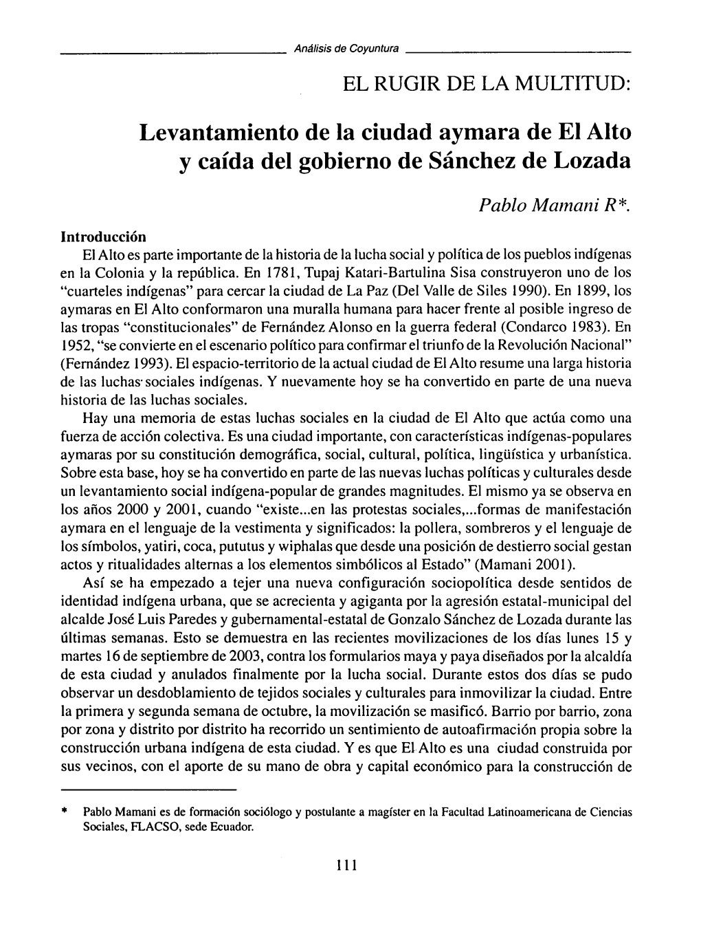 Levantamiento De La Ciudad Aymara De El Alto Y Caída Del Gobierno De Sánchez De Lozada