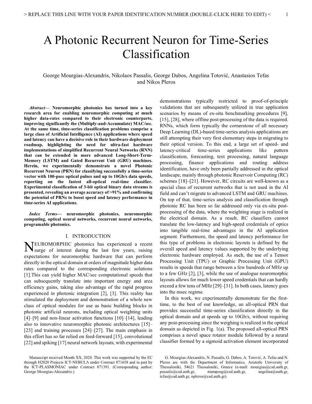 A Photonic Recurrent Neuron for Time-Series Classification