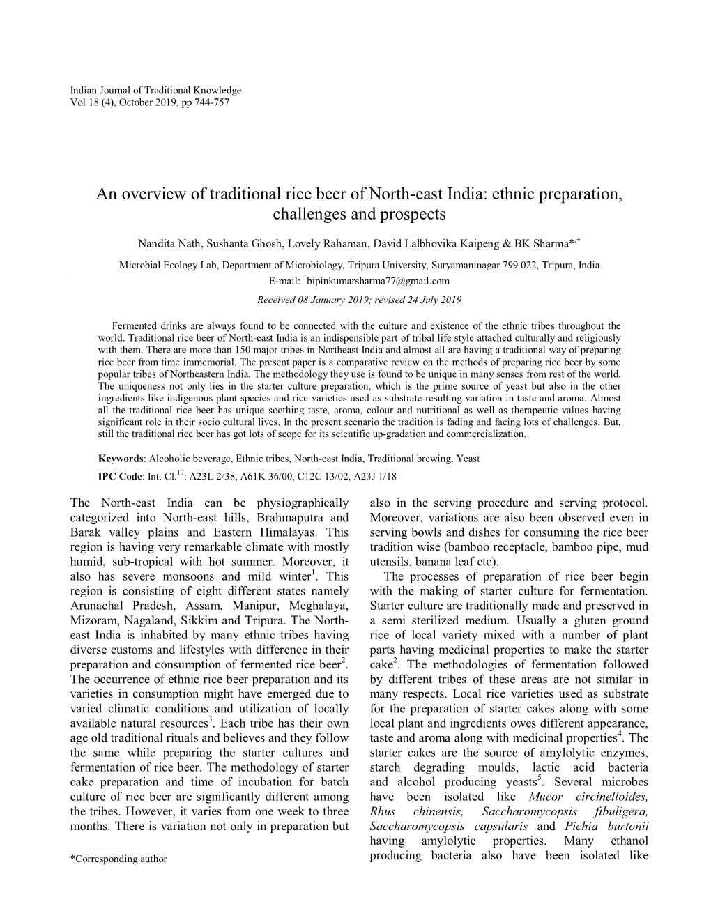 An Overview of Traditional Rice Beer of North-East India: Ethnic Preparation, Challenges and Prospects