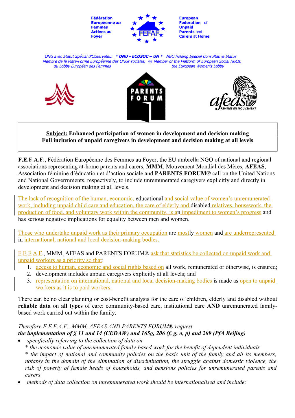 Full Inclusion of Unpaid Caregivers in Development and Decision Making at All Levels