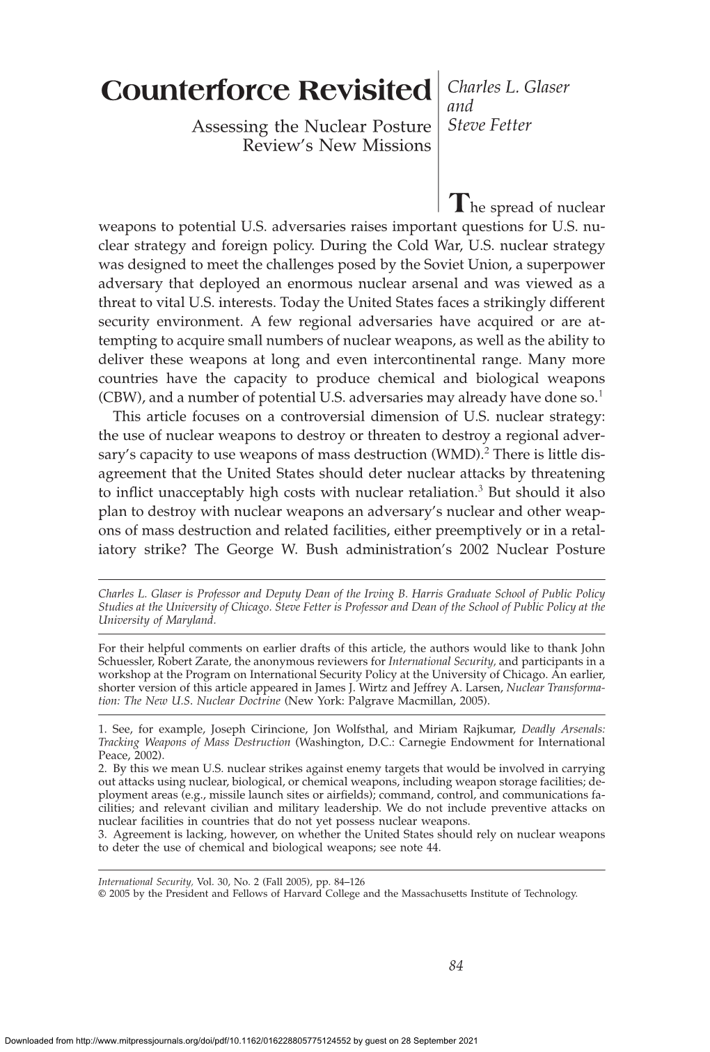 Counterforce Revisited Charles L. Glaser and Assessing the Nuclear Posture Steve Fetter Review’S New Missions