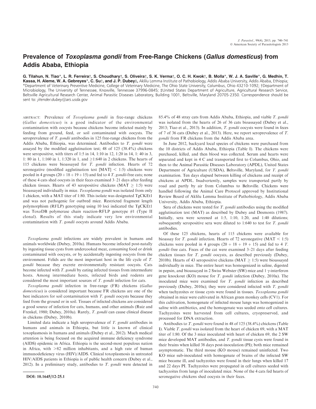 Prevalence of Toxoplasma Gondii from Free-Range Chickens (Gallus Domesticus) from Addis Ababa, Ethiopia