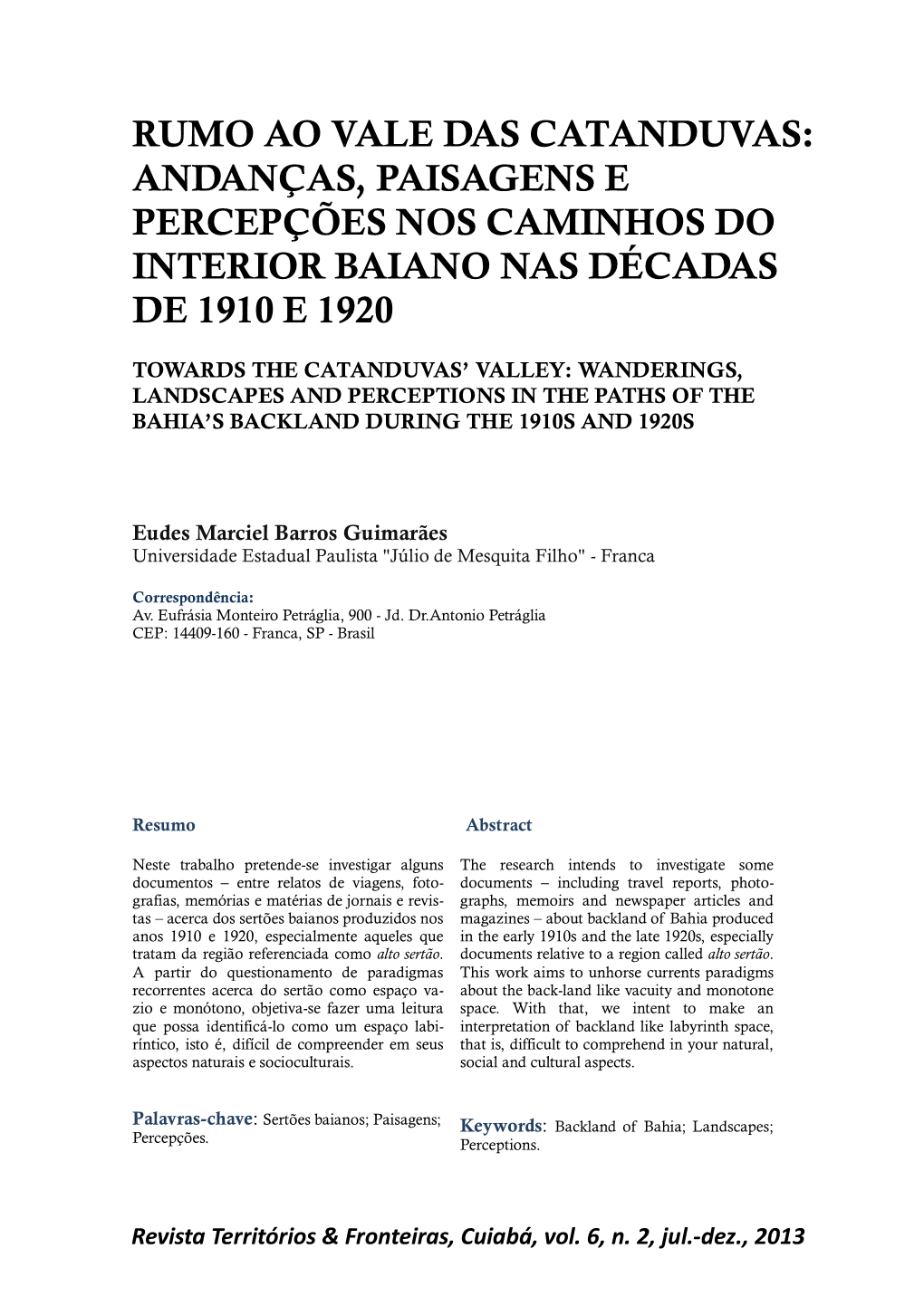 Rumo Ao Vale Das Catanduvas: Andanças, Paisagens E Percepções Nos Caminhos Do Interior Baiano Nas Décadas De 1910 E 1920