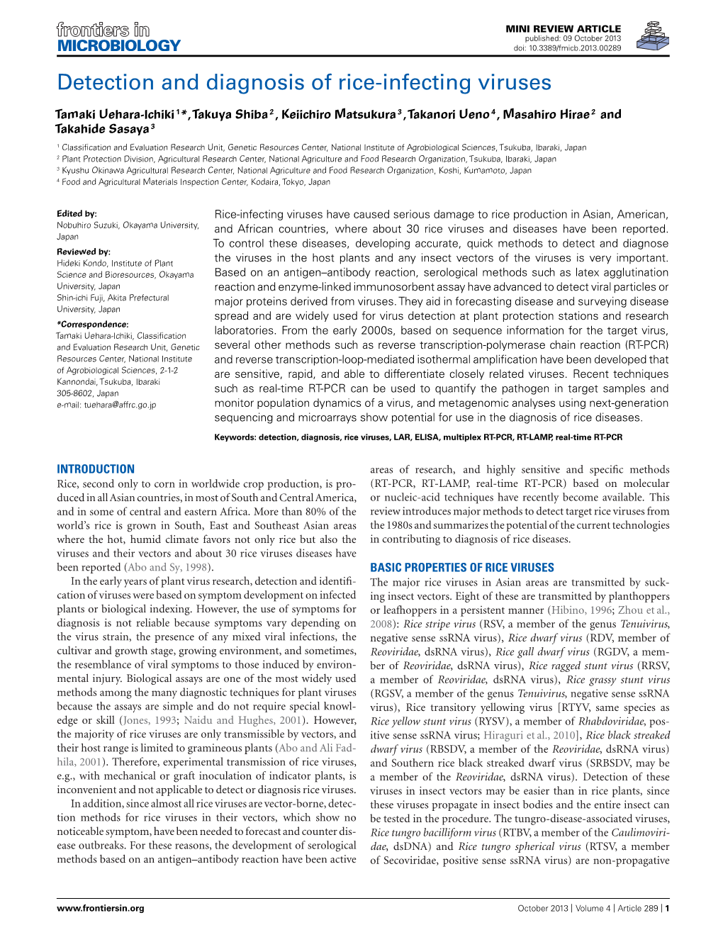 Detection and Diagnosis of Rice-Infecting Viruses